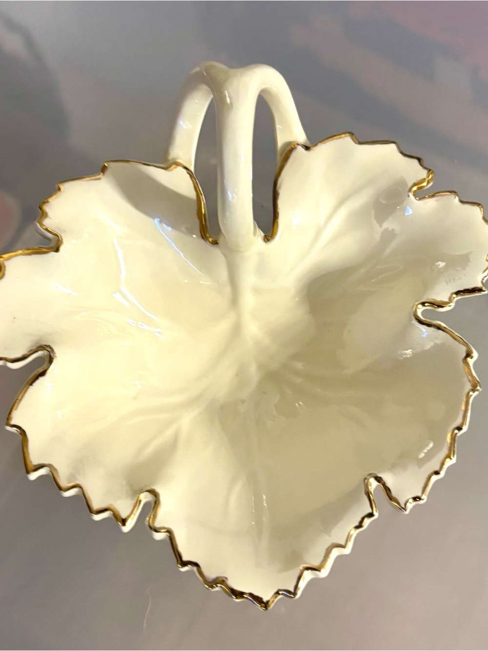 Vintage, Ivory Gilded Trim Leaf-Shaped Porcelain Dish